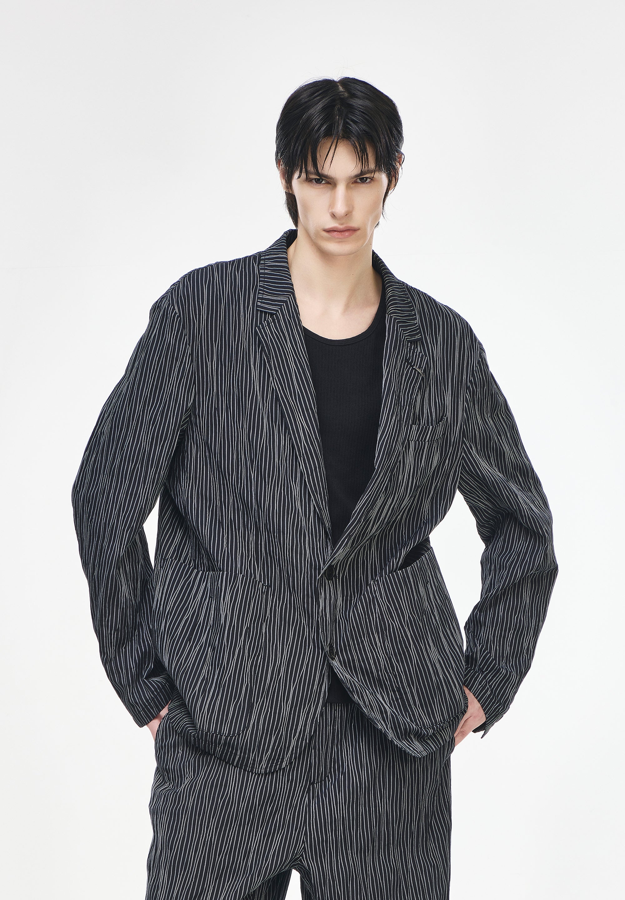 STRIPE PLEATS COCOON BLAZER
