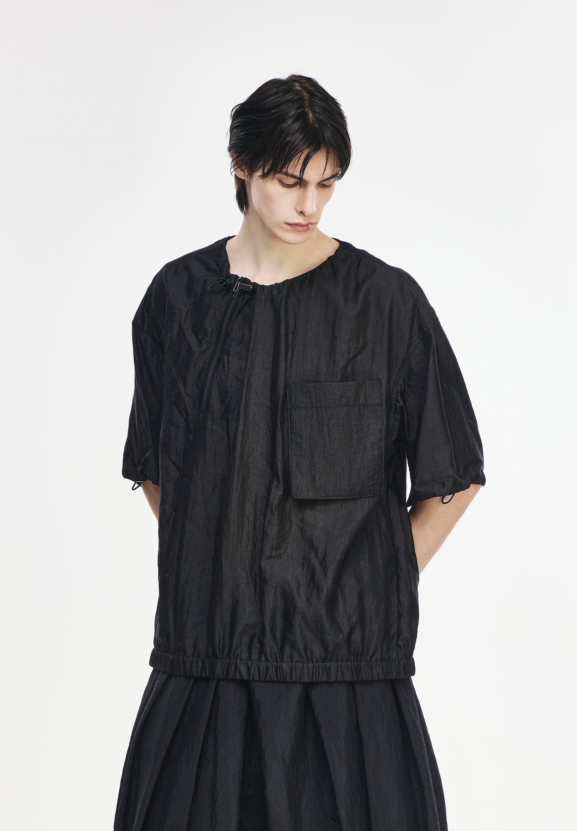 BIAS ZIP-UP STRING T SHIRT