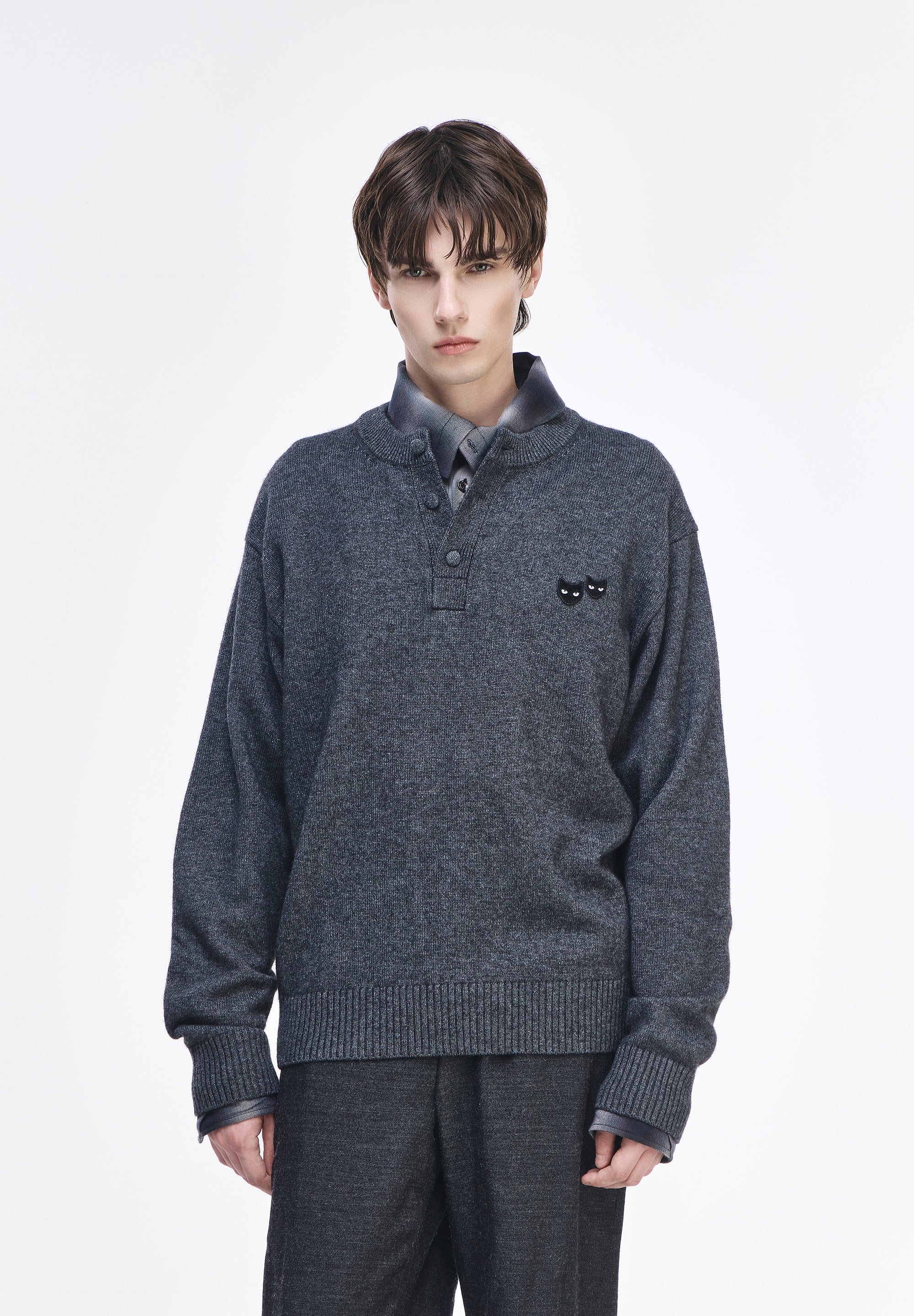 CASHMERE BLEND HENLEY NECK KNIT