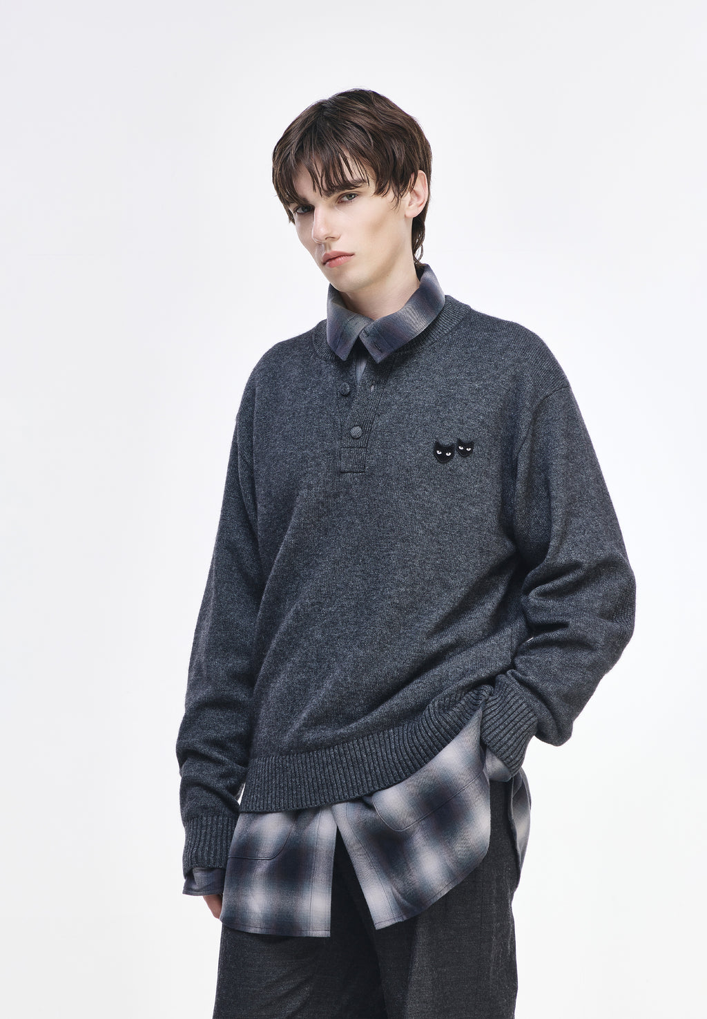 CASHMERE BLEND HENLEY NECK KNIT