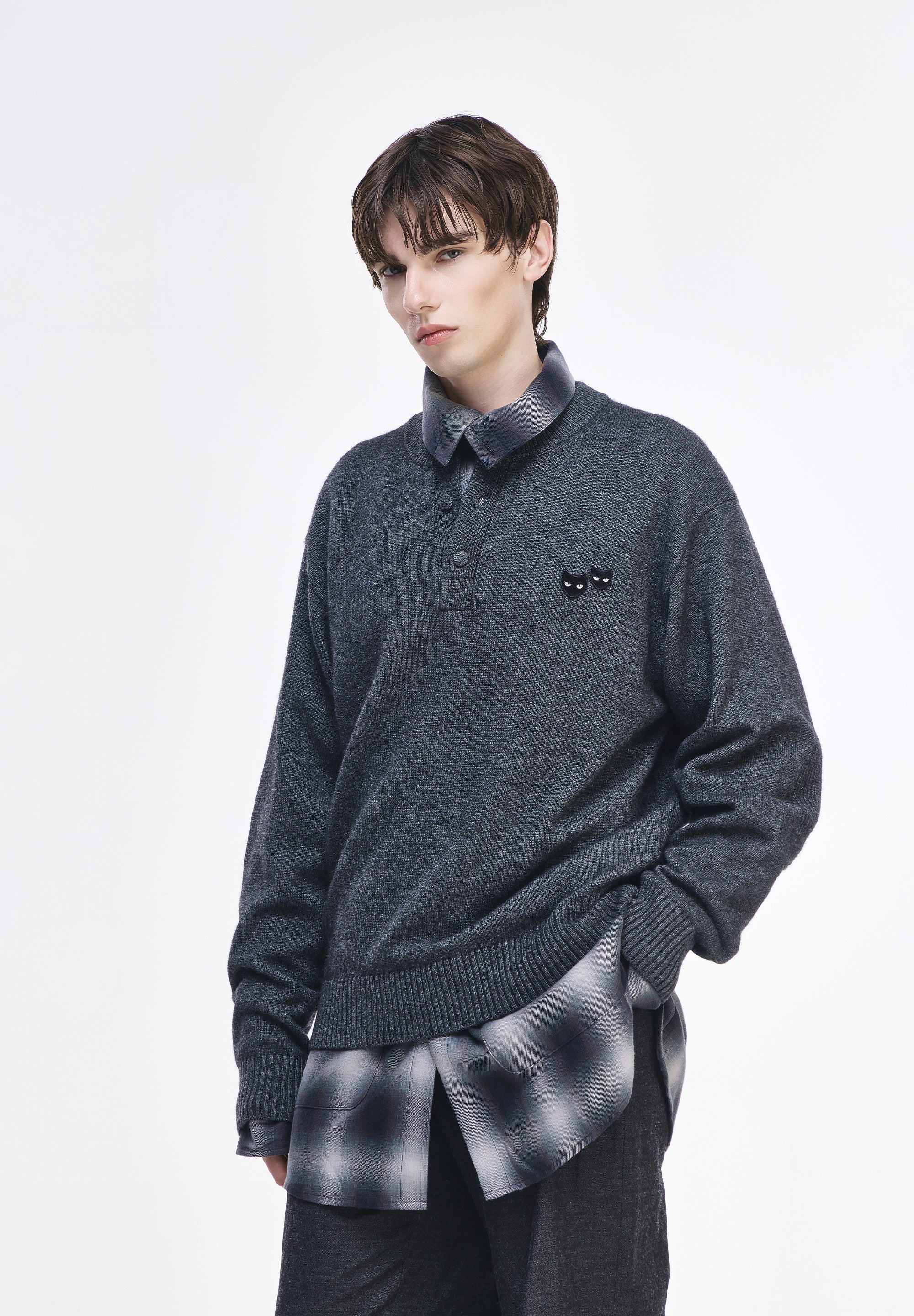 CASHMERE BLEND HENLEY NECK KNIT