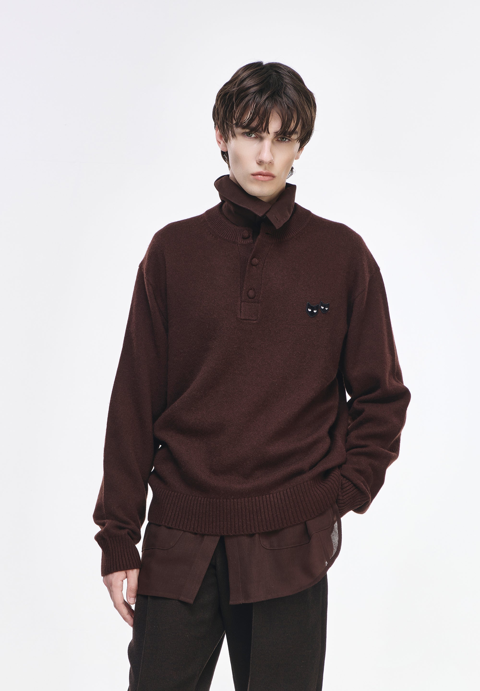 CASHMERE BLEND HENLEY NECK KNIT