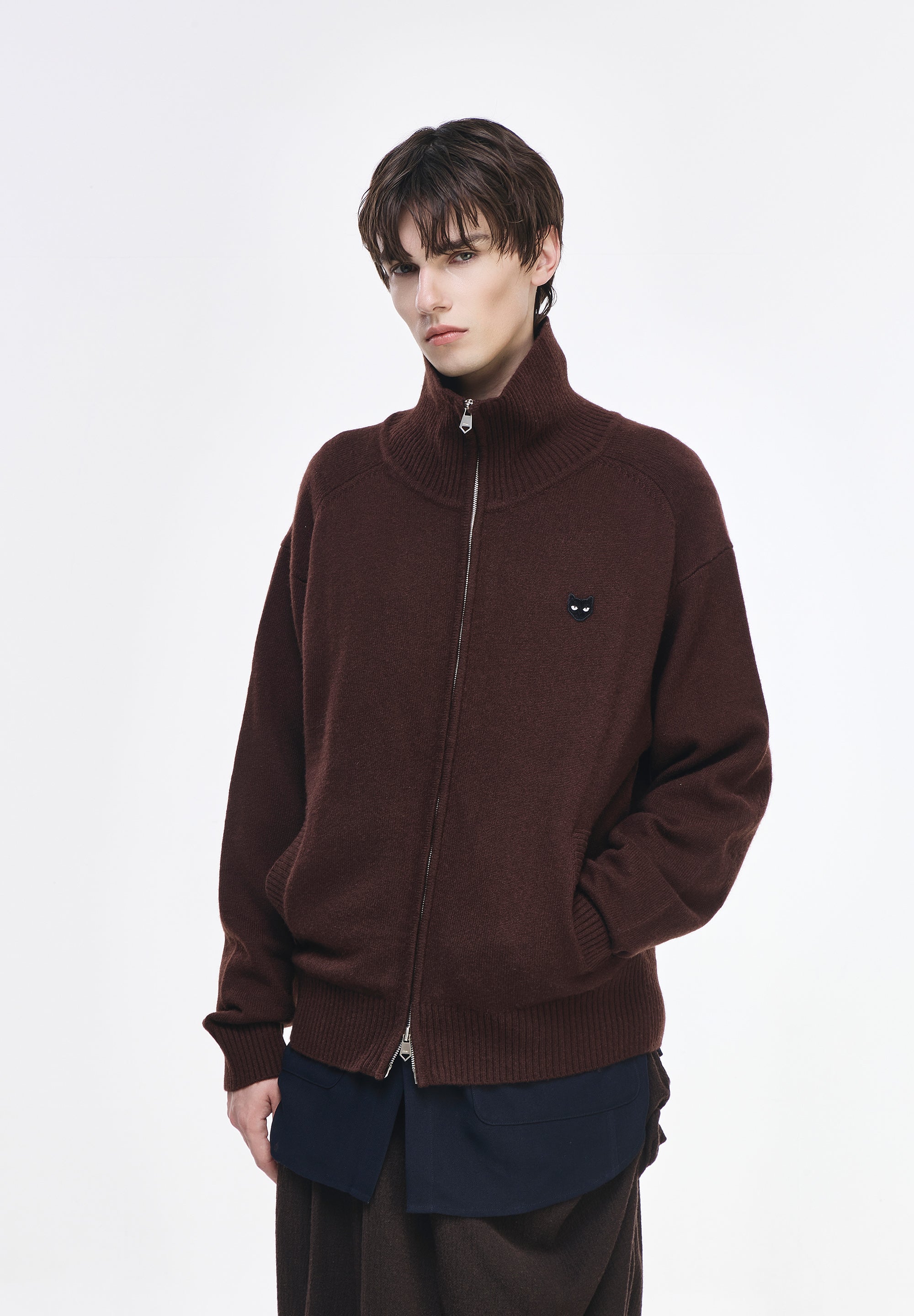 CASHMERE BLEND HIGH NECK ZIP UP