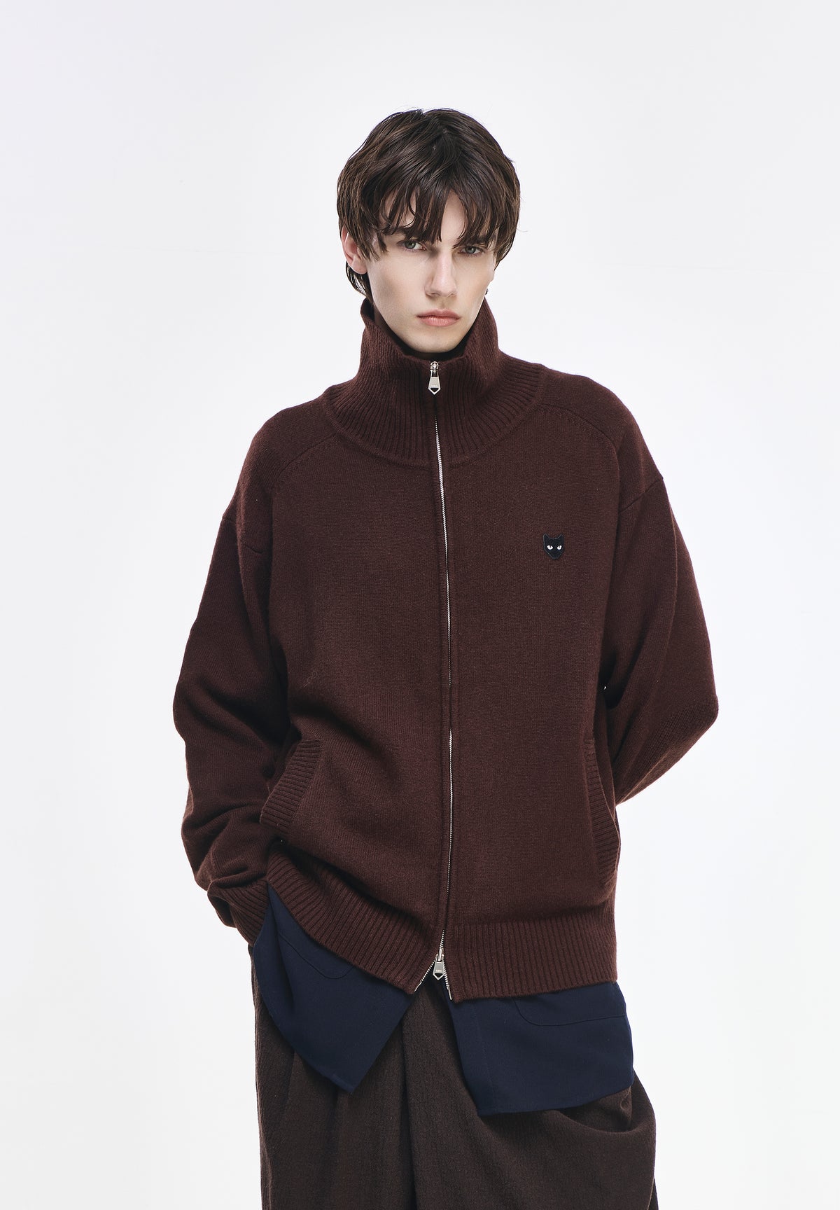 CASHMERE BLEND HIGH NECK ZIP UP