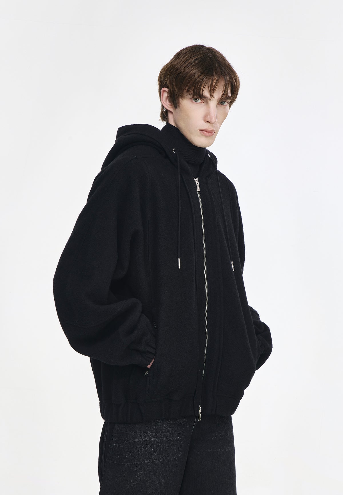 WOOL COCOON HOOD ZIP UP