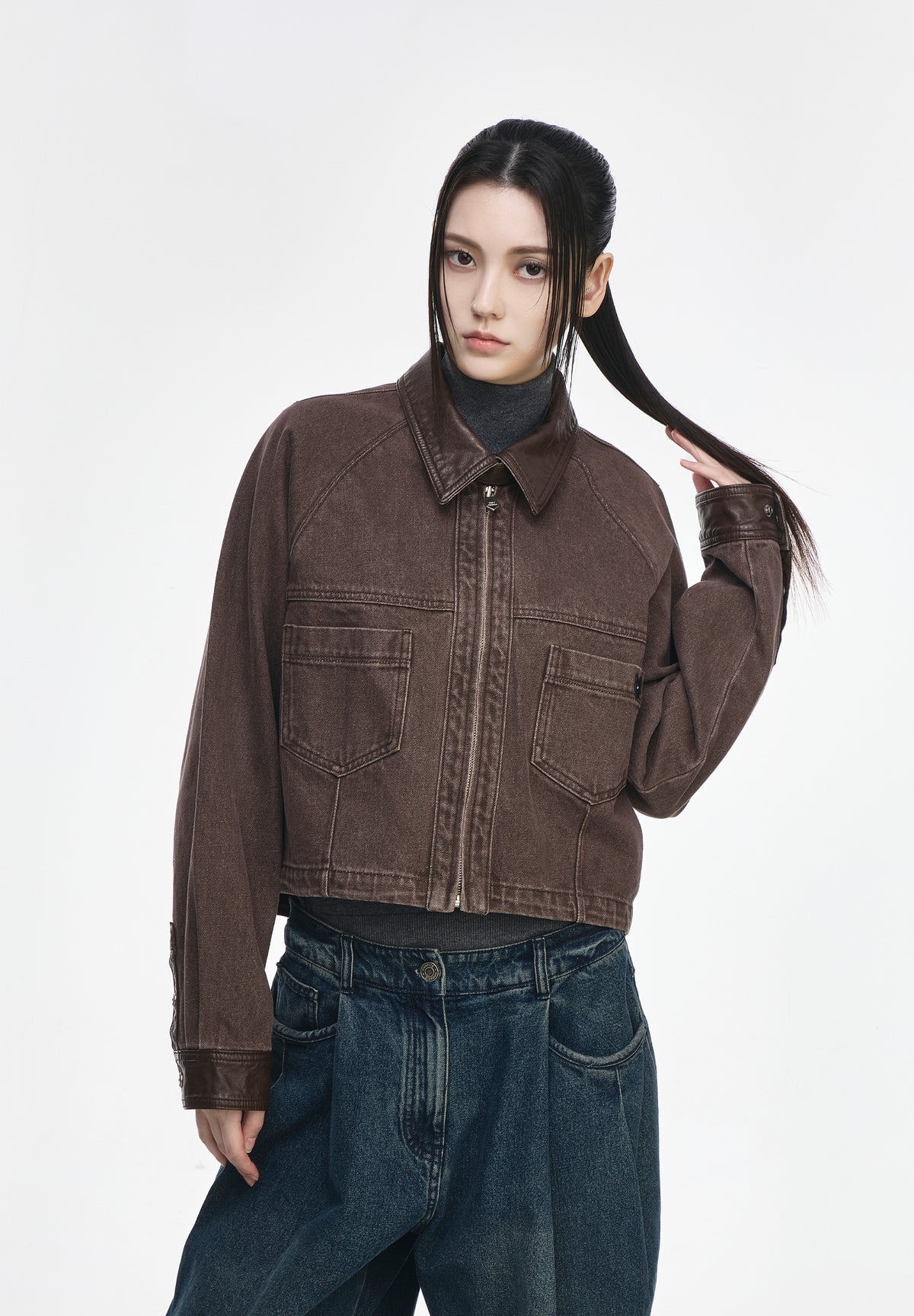 CROP DENIM ZIP UP