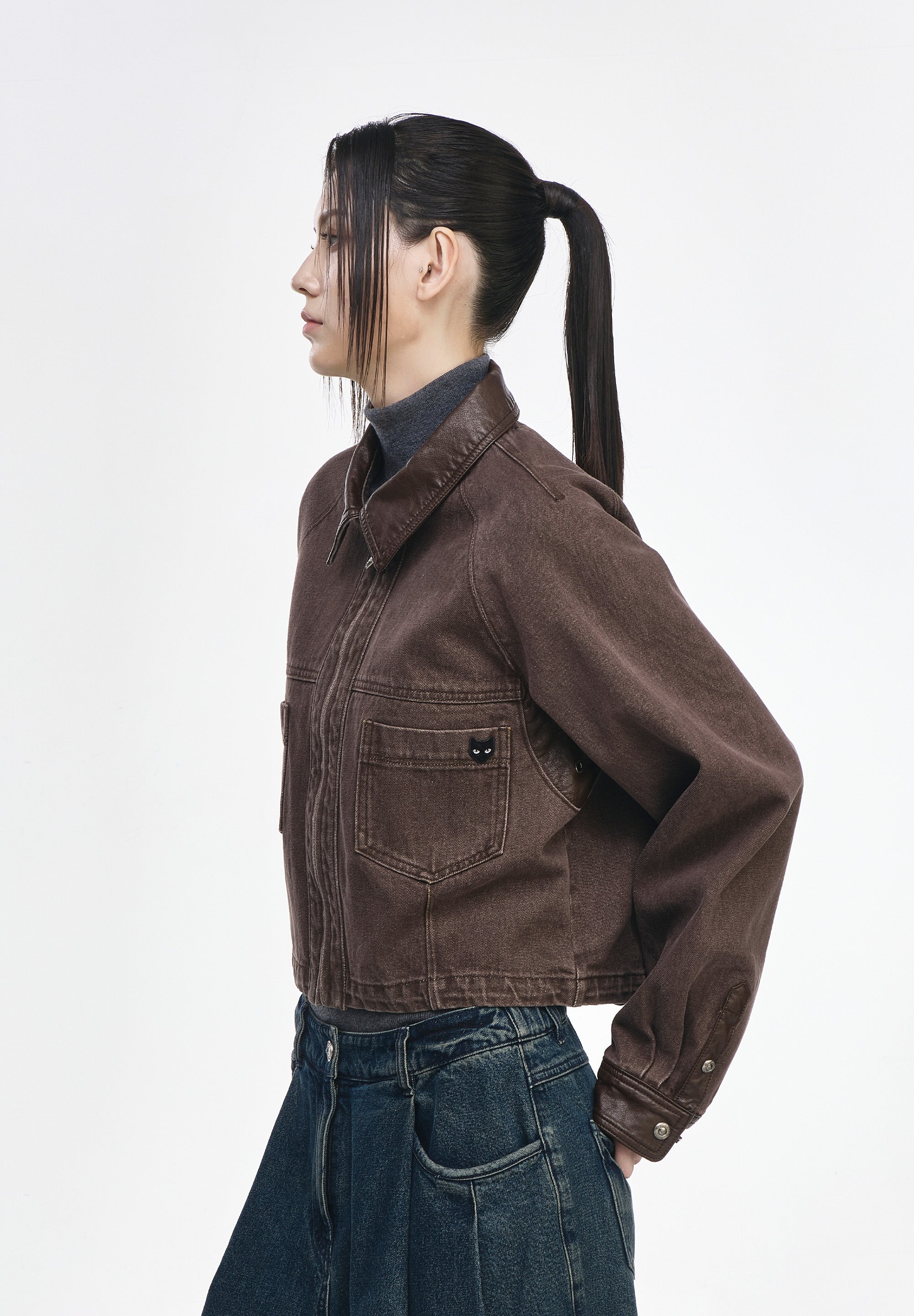 CROP DENIM ZIP UP