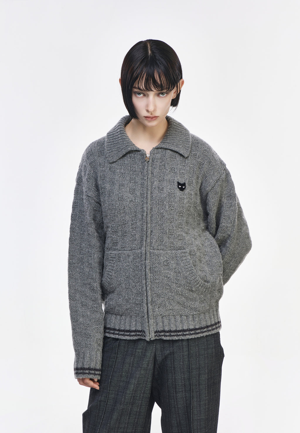 HIGH NECK RIBBED KNIT ZIP UP
