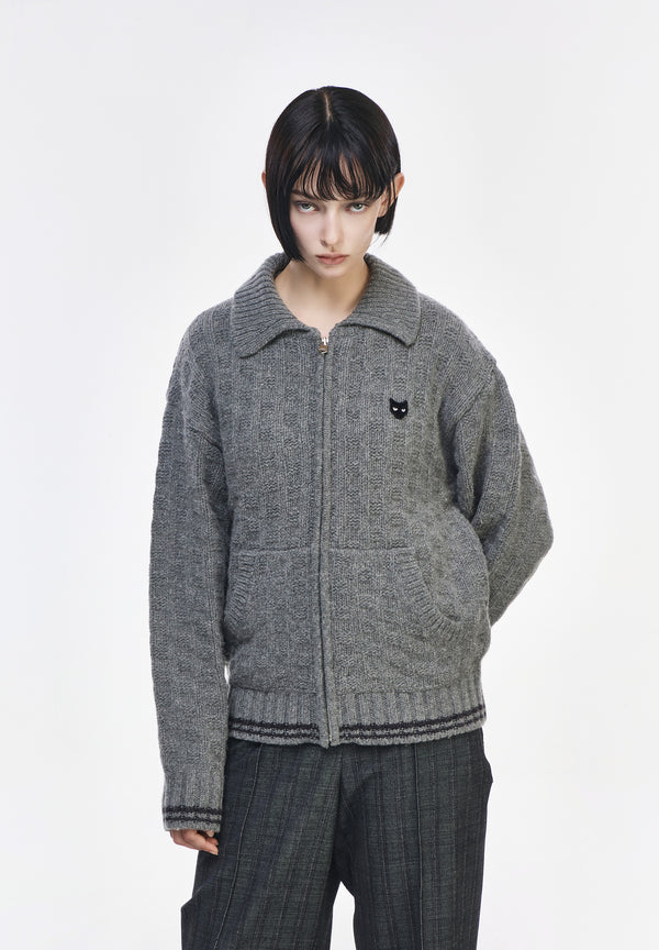 HIGH NECK RIBBED KNIT ZIP UP