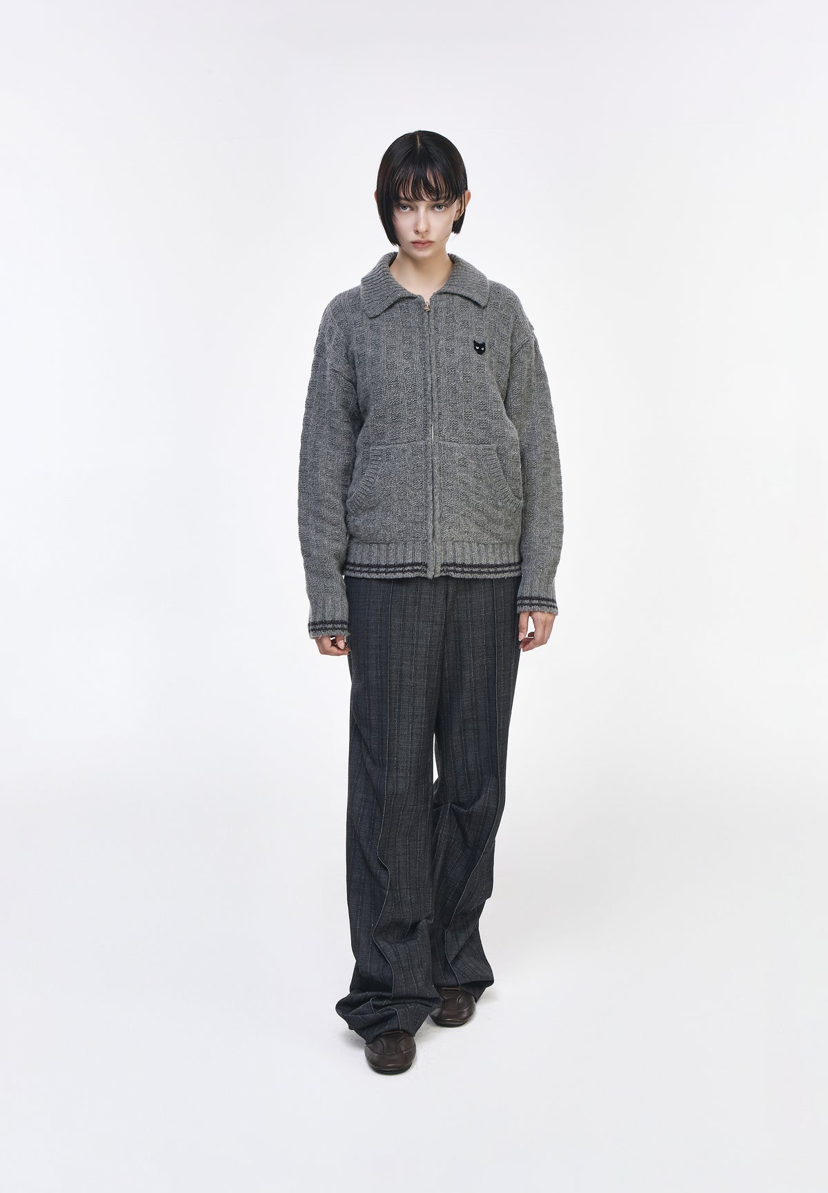 HIGH NECK RIBBED KNIT ZIP UP