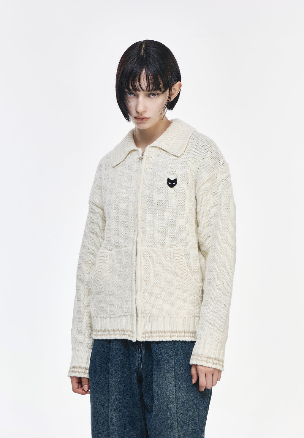 HIGH NECK RIBBED KNIT ZIP UP