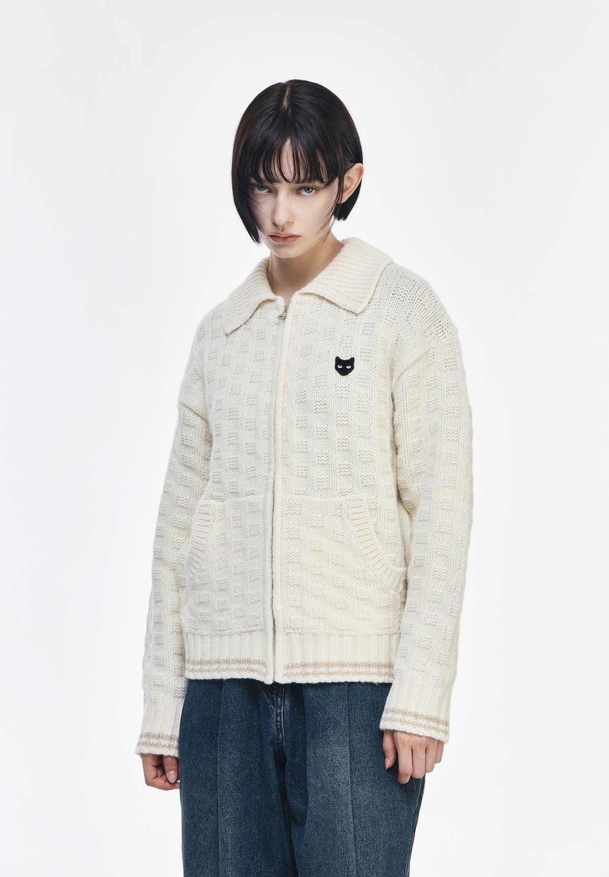 HIGH NECK RIBBED KNIT ZIP UP