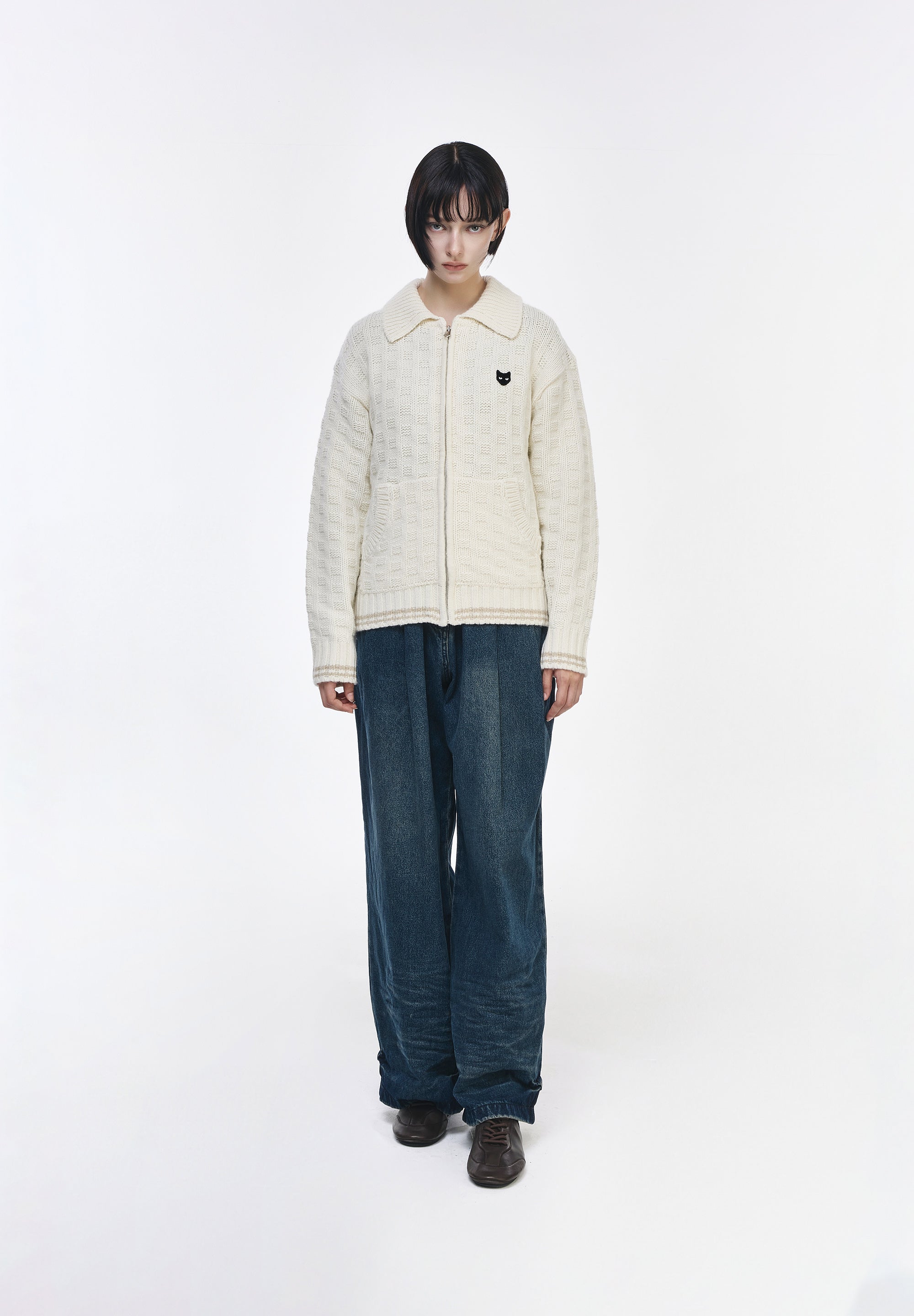 HIGH NECK RIBBED KNIT ZIP UP