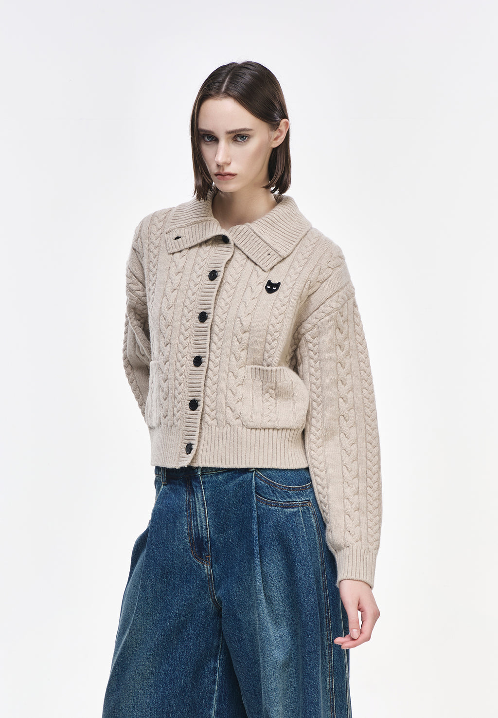 CABLE OPEN COLLAR CARDIGAN