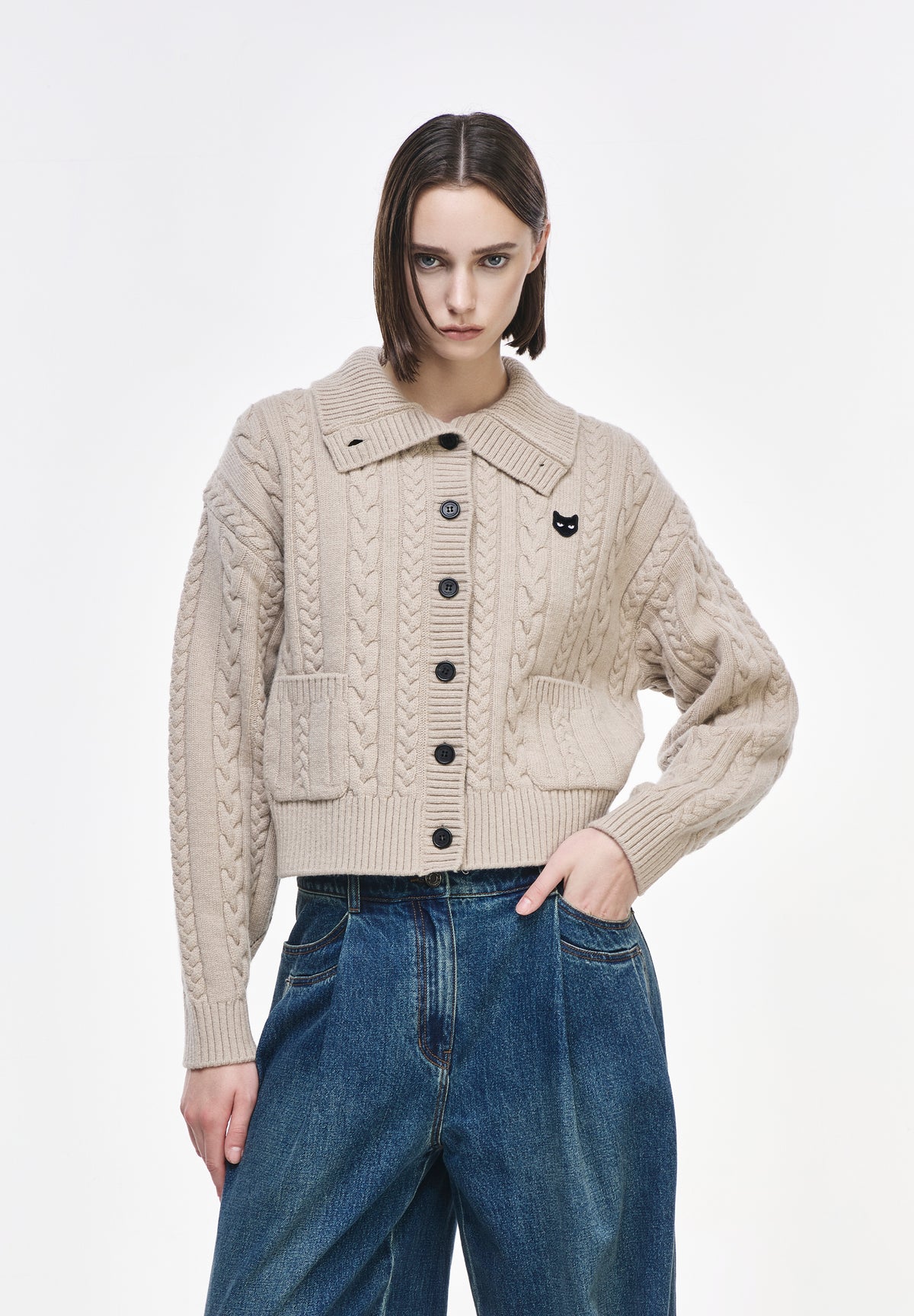 ZZERO CABLE OPEN COLLAR CARDIGAN